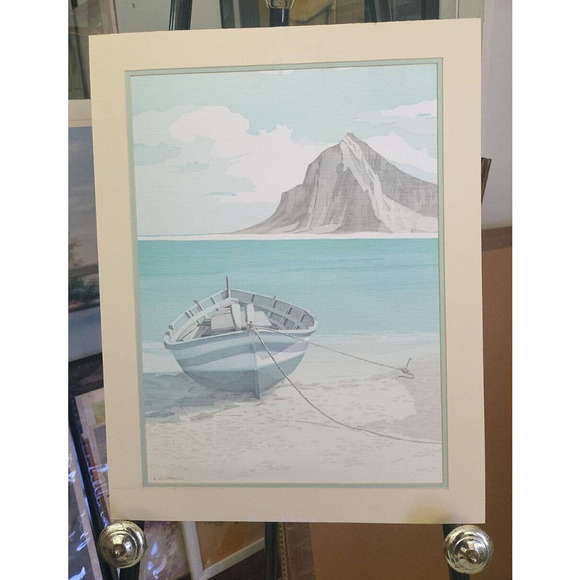 Vintage A. Guardieli Art Print Ocean Boat Mountain Embossed Texture #1 - Picture 1 of 7